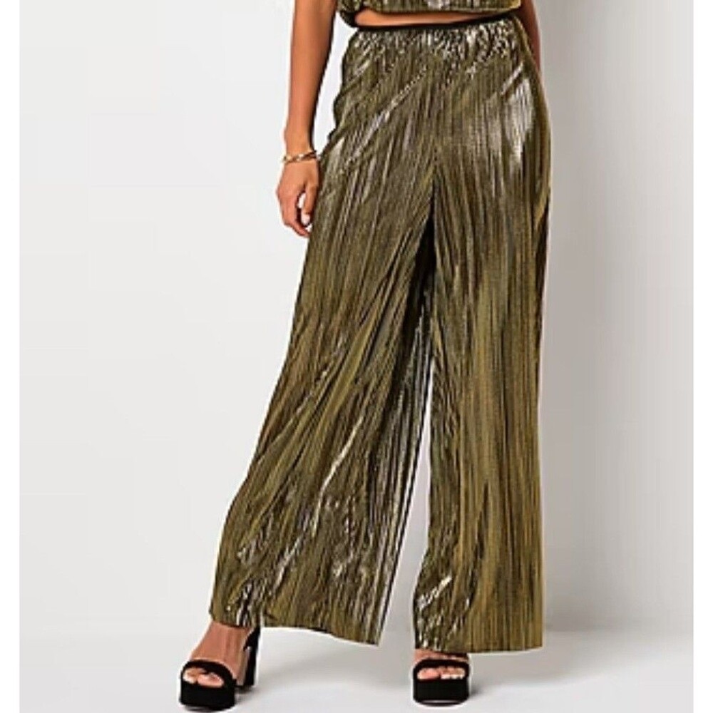 Bold Elements Womens Gold Wide Leg Mid Rise Pull-On Pants Size XL NWT Stretch